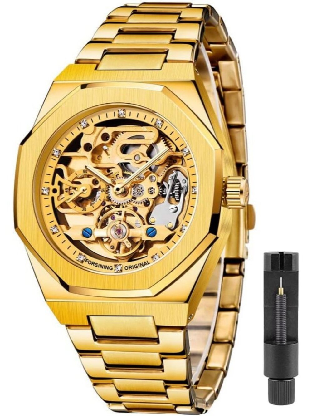 Men's Gold Mechanical Automatic Male Clock Stainless Steel Skeleton Date Watch